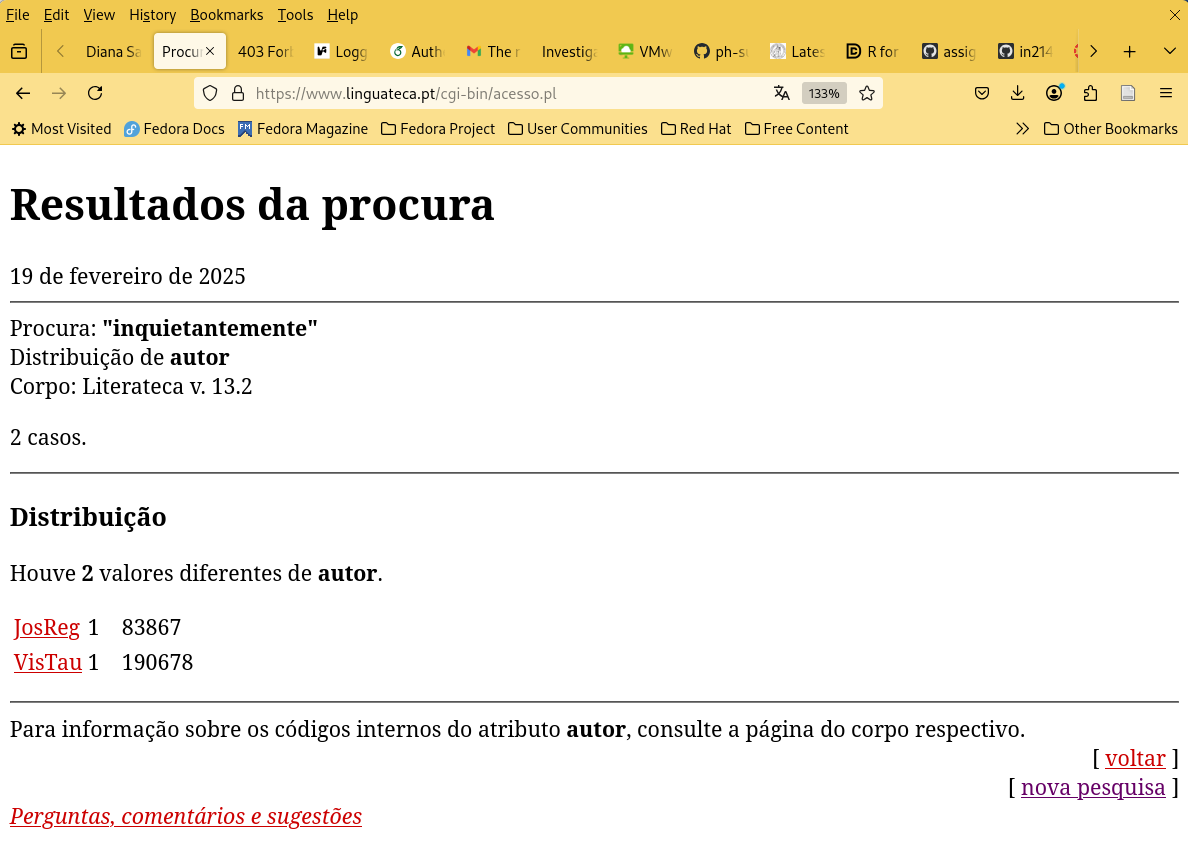 Pesquisa pedindo a distribuição por autor da palavra inquietantemente, que só aparece em dois autores