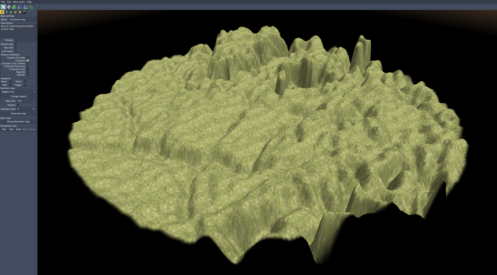 The topographic map of Mont Beuvray, edited and then re-imported to Atlas. The mountains have a much higher elevation and appear more realistic, and the elevational changes across the terrain are more gradual than in my first attempt.